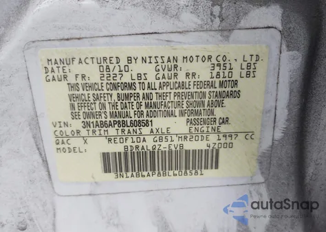 2011 Nissan Sentra 2.0 z USA, uszkodzony, nr VIN 3N1AB6AP8BL608581